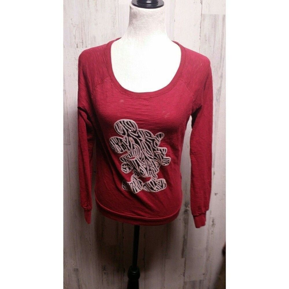Disney Parks Red Sequin Mickey Mouse Shirt 3/4 Sleeve Medium Burnout